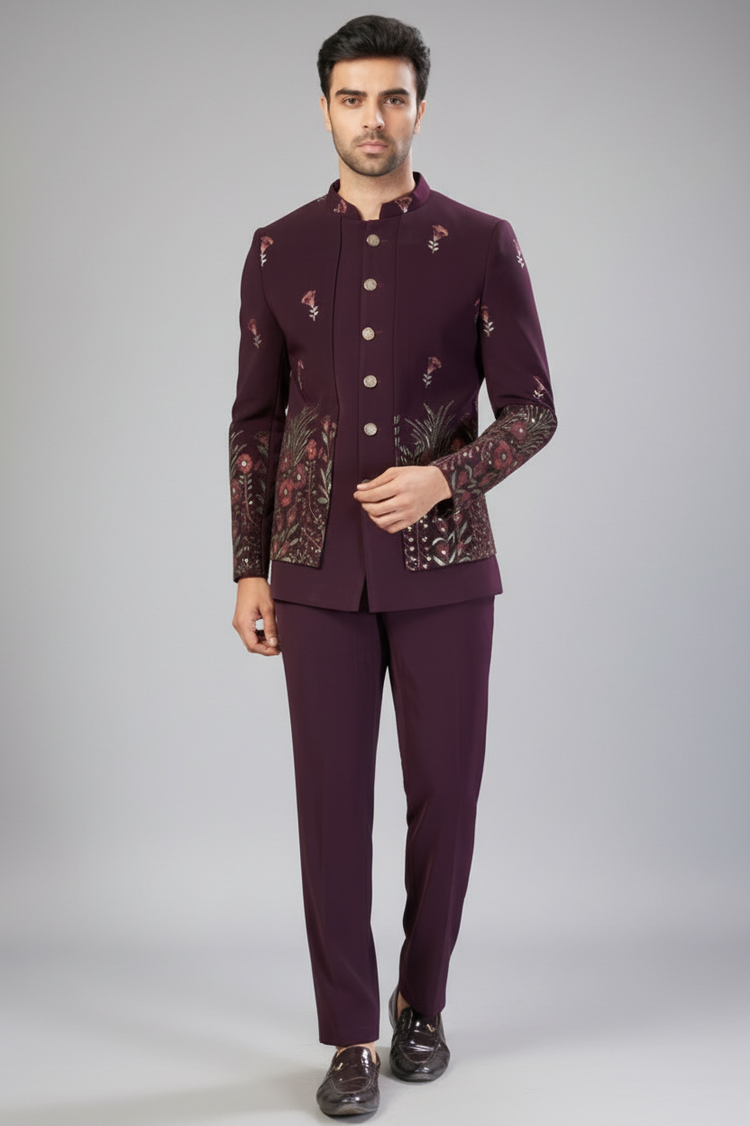 Wine Imported Jodhpuri Set with Embroidery and Sequins Work