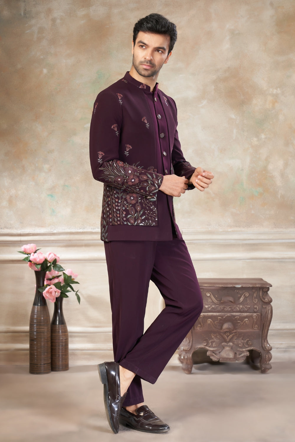 Wine Imported Jodhpuri Set with Embroidery and Sequins Work