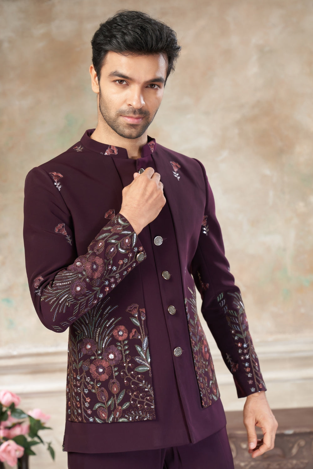 Wine Imported Jodhpuri Set with Embroidery and Sequins Work