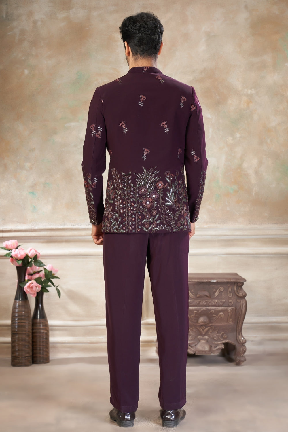 Wine Imported Jodhpuri Set with Embroidery and Sequins Work