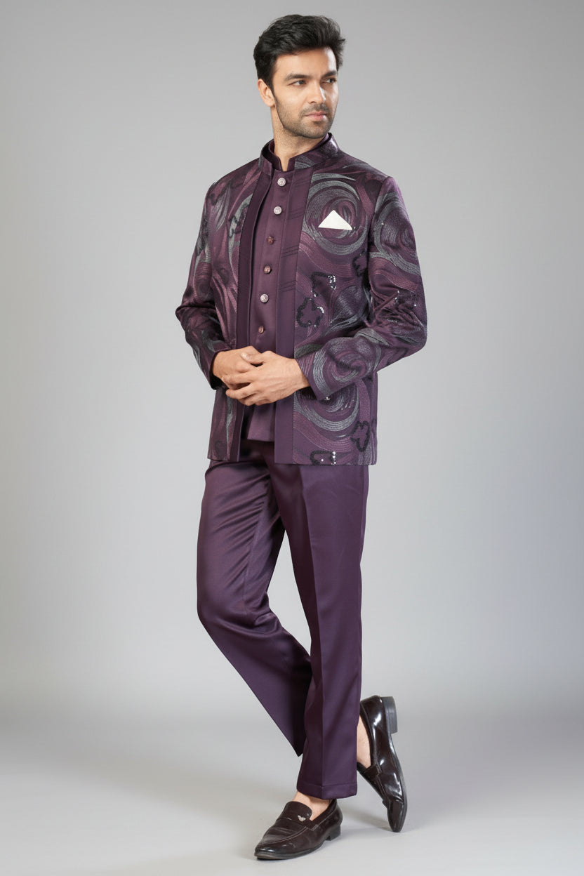Wine Imported Jodhpuri Set with Embroidery and Sequins Work