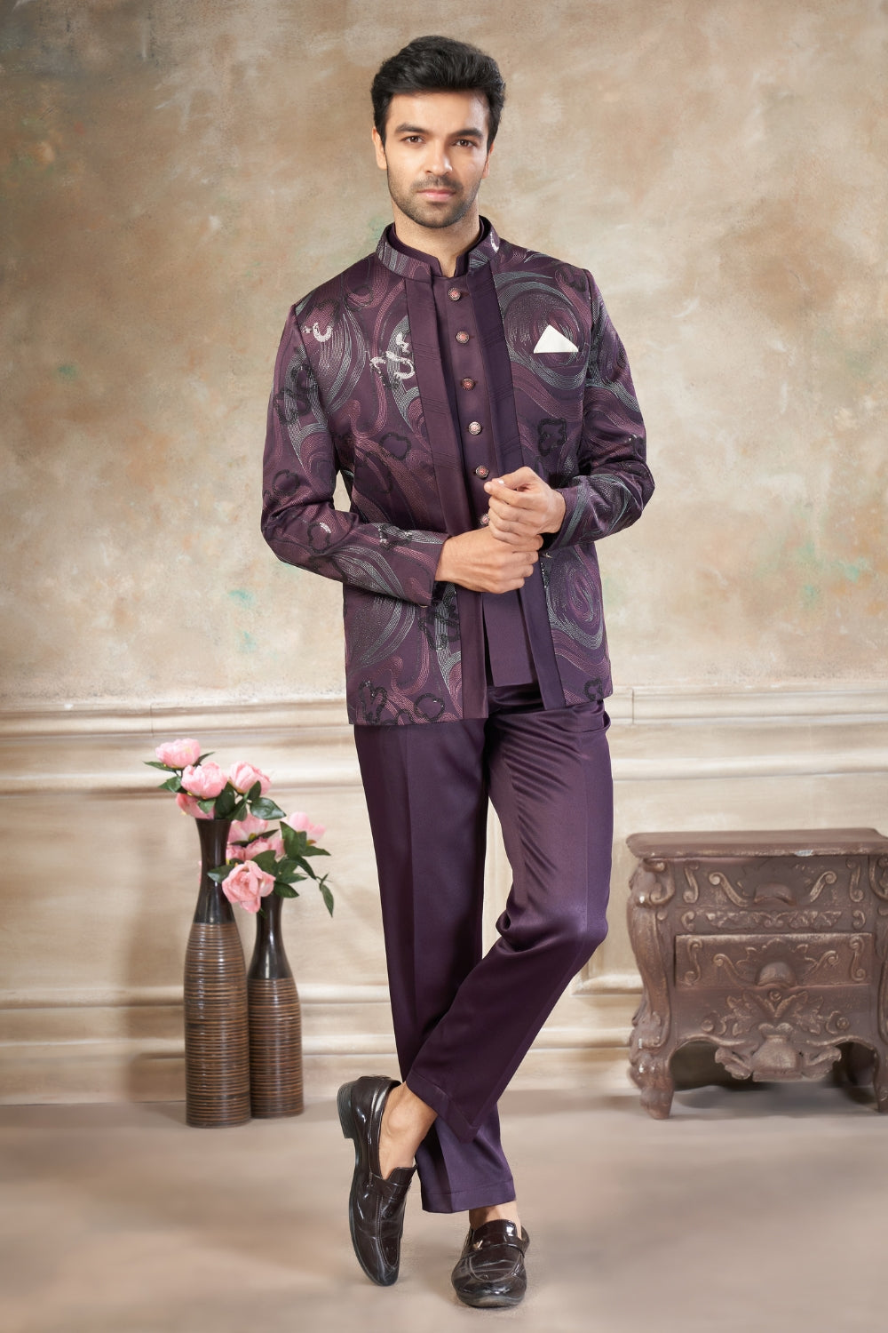 Wine Imported Jodhpuri Set with Embroidery and Sequins Work
