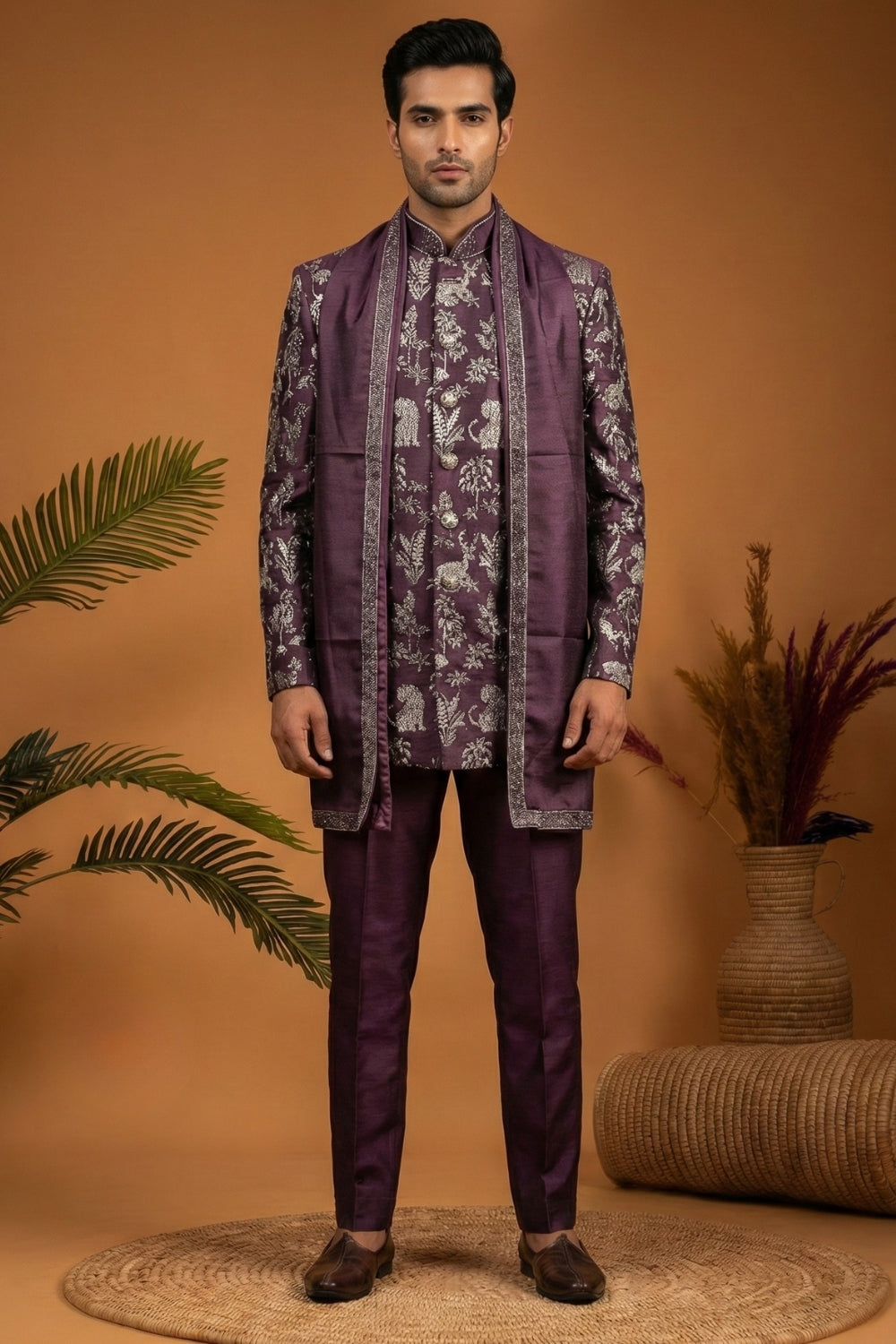 Wine Imported Jodhpuri set with Embroidery and Sequins Work