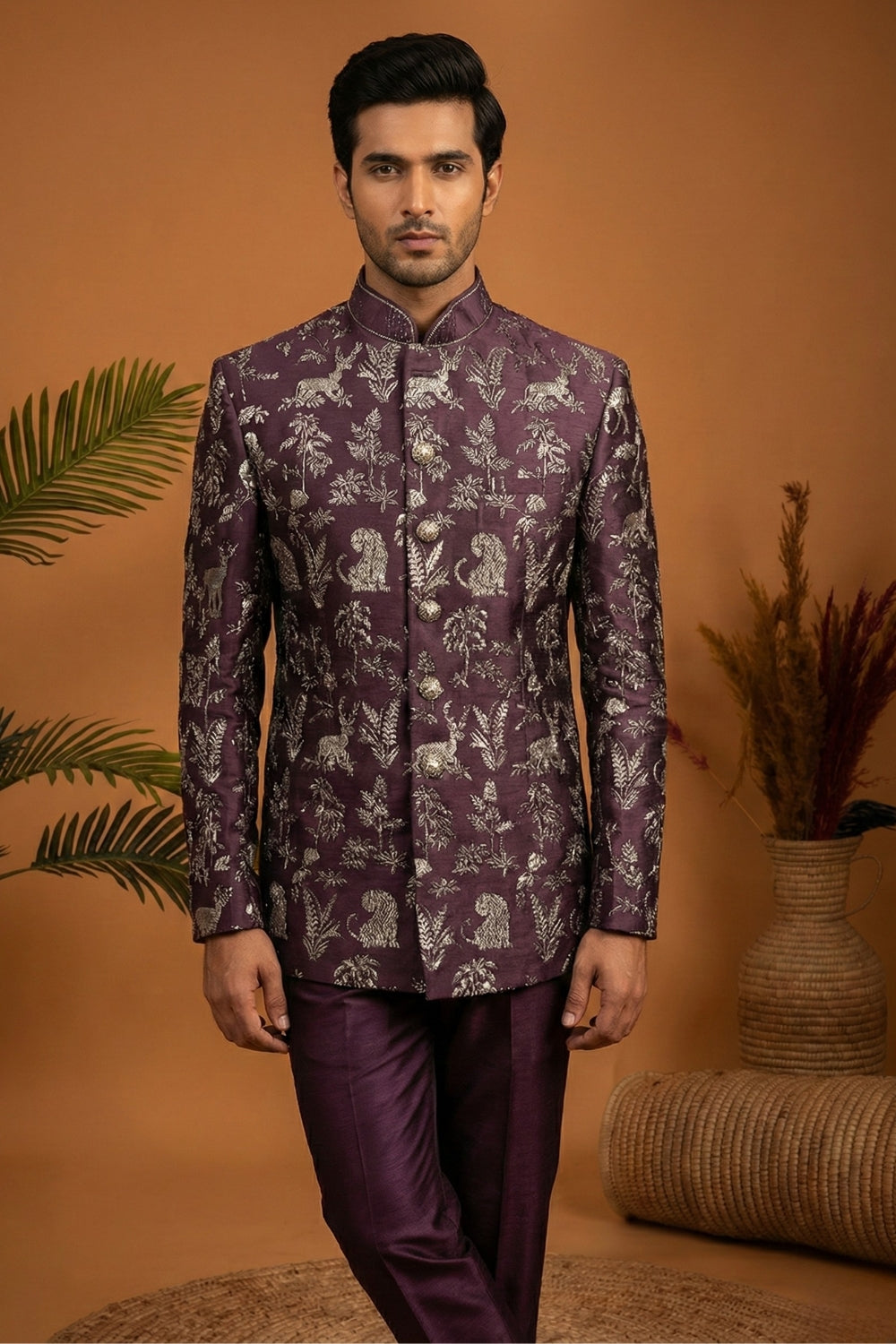 Wine Imported Jodhpuri set with Embroidery and Sequins Work