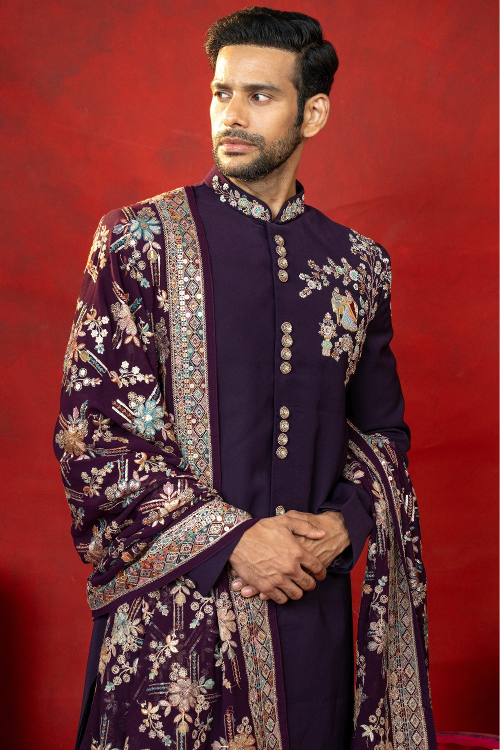 WINE IMPORTED NAWABI WITH SEQUINS AND RESHAM EMBROIDERY