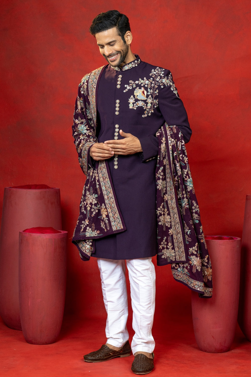 WINE IMPORTED NAWABI WITH SEQUINS AND RESHAM EMBROIDERY