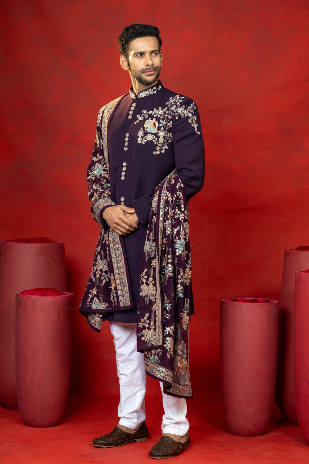 WINE IMPORTED NAWABI WITH SEQUINS AND RESHAM EMBROIDERY