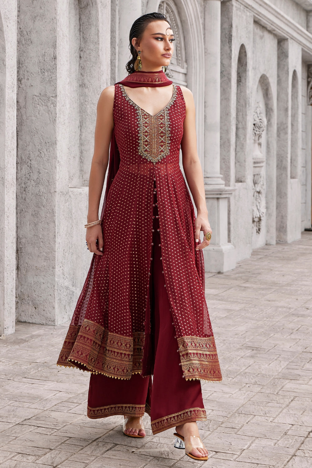 Wine Maroon Organza Anarkali Set with Zardosi and Moti Work