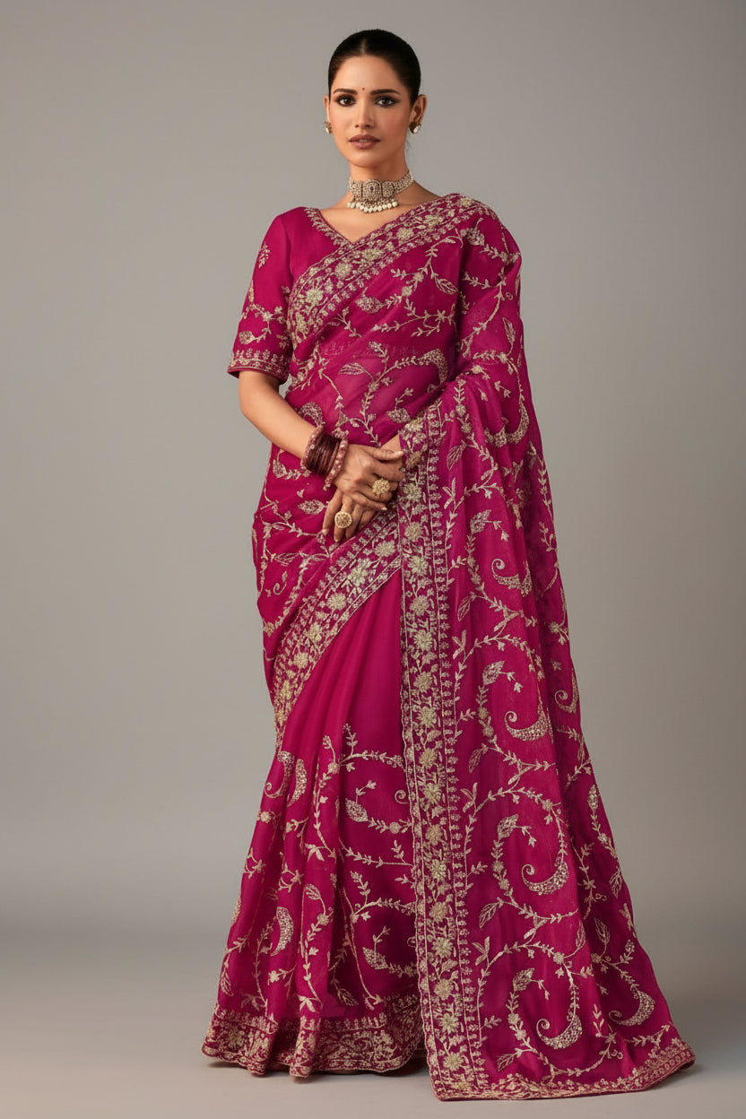 Wine Organza Tissue Saree with Embroidery and Sequins Work