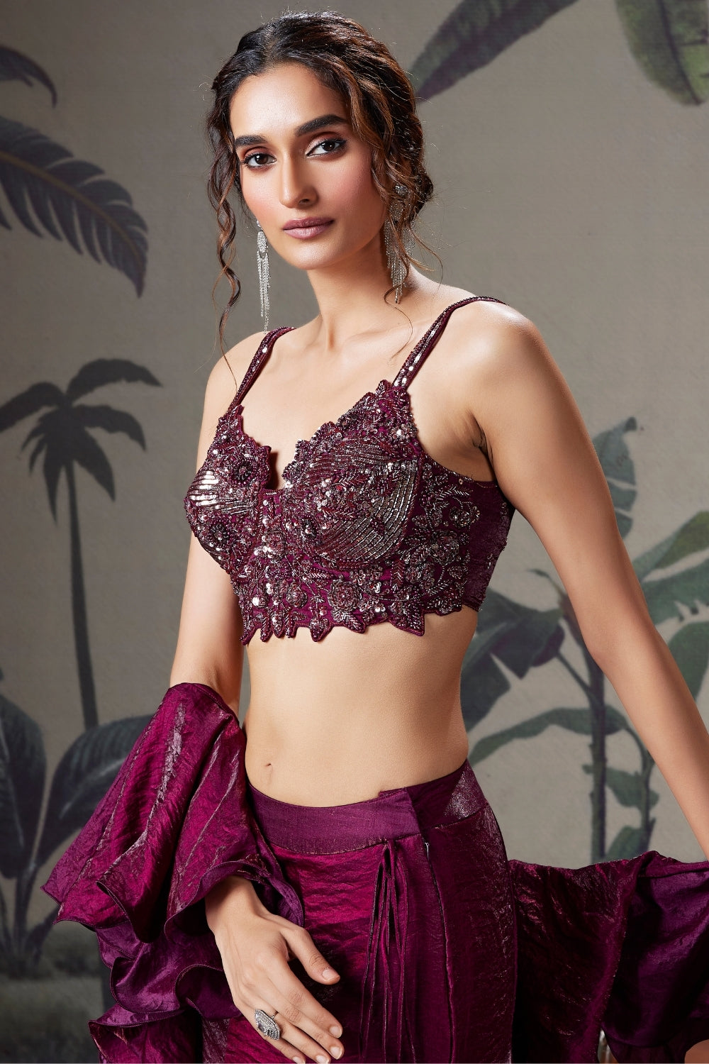 Wine Silk Fish-Cut Lehenga Set with Cutdana and Beads Work