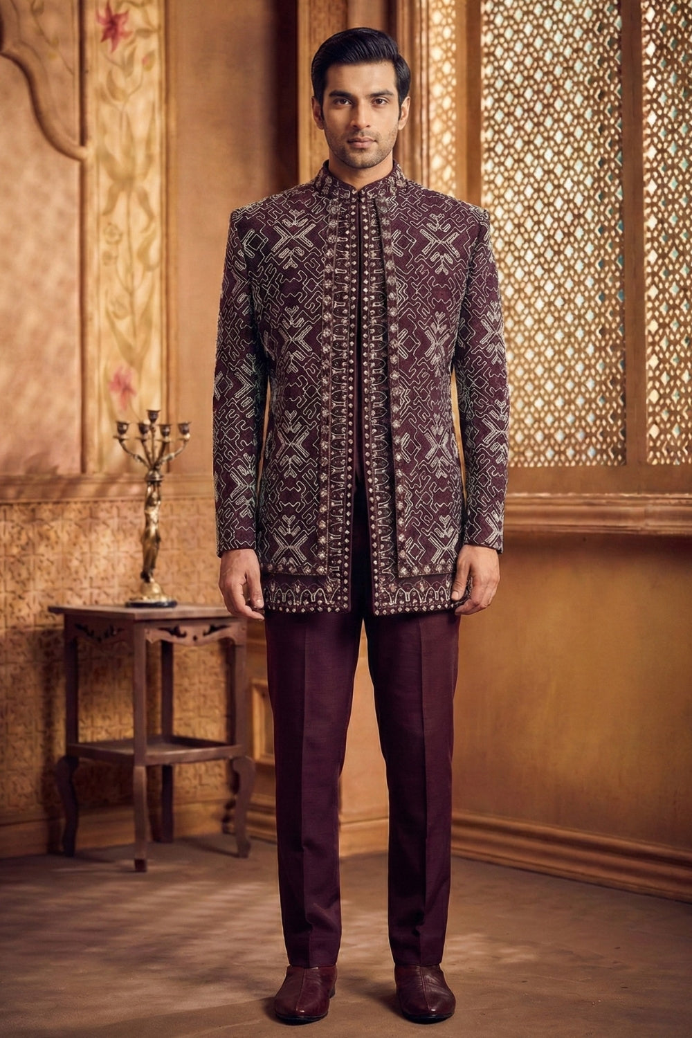 Wine Silk Indo Western with Cutdana and Moti Work