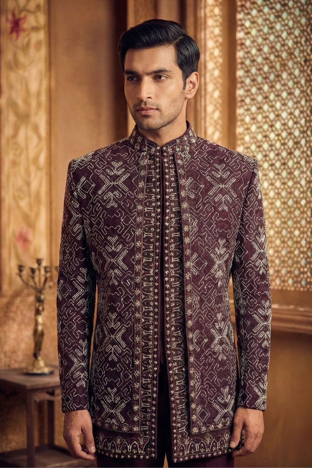 Wine Silk Indo Western with Cutdana and Moti Work