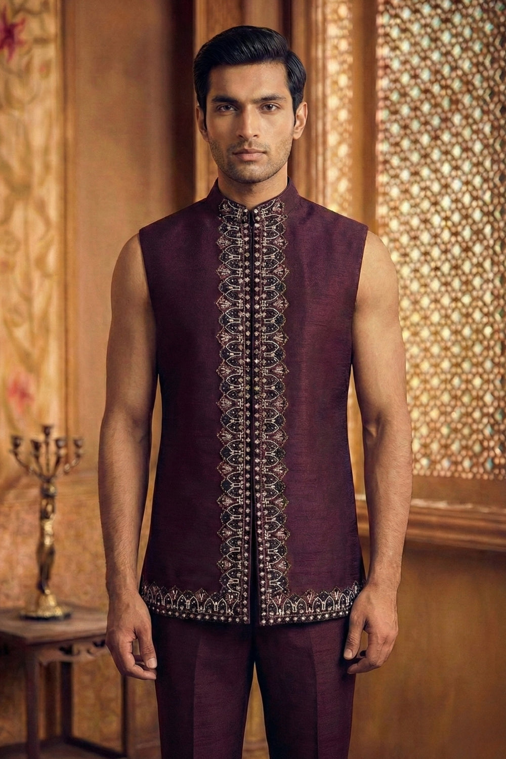 Wine Silk Indo Western with Cutdana and Moti Work