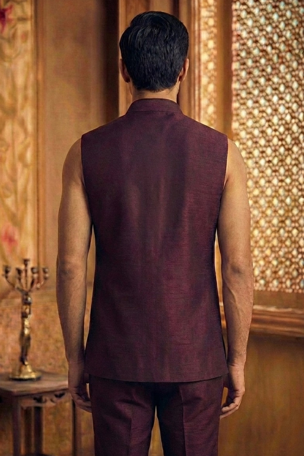 Wine Silk Indo Western with Cutdana and Moti Work