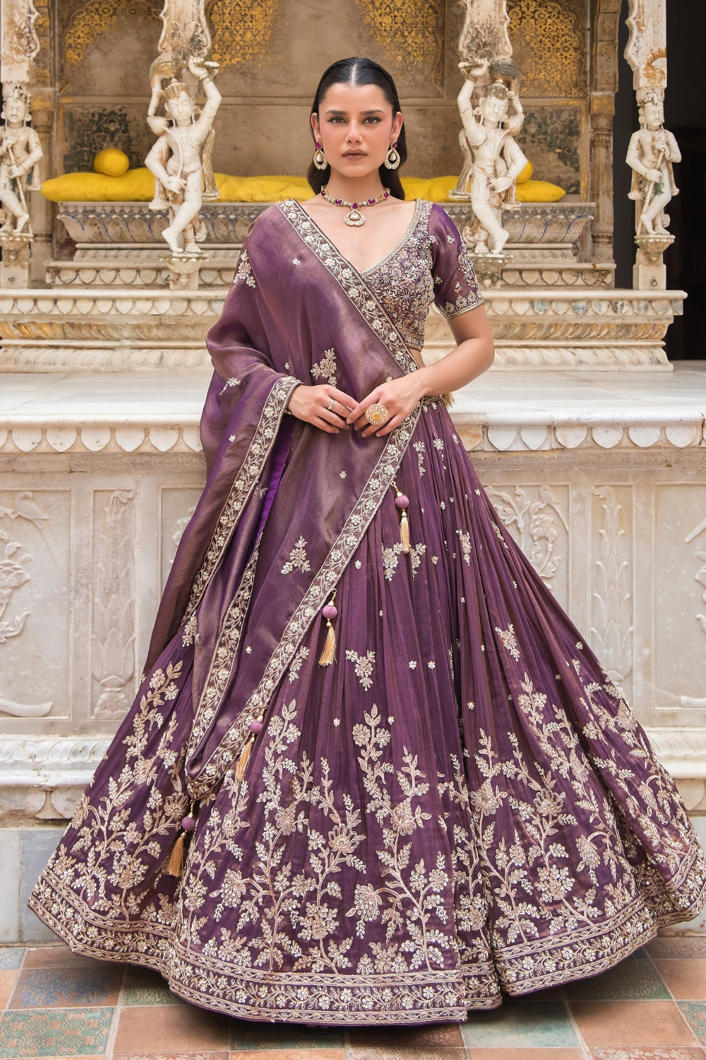 Wine Silk Tissue Silk Lehenga Set with Zardosi and Cutdana Work