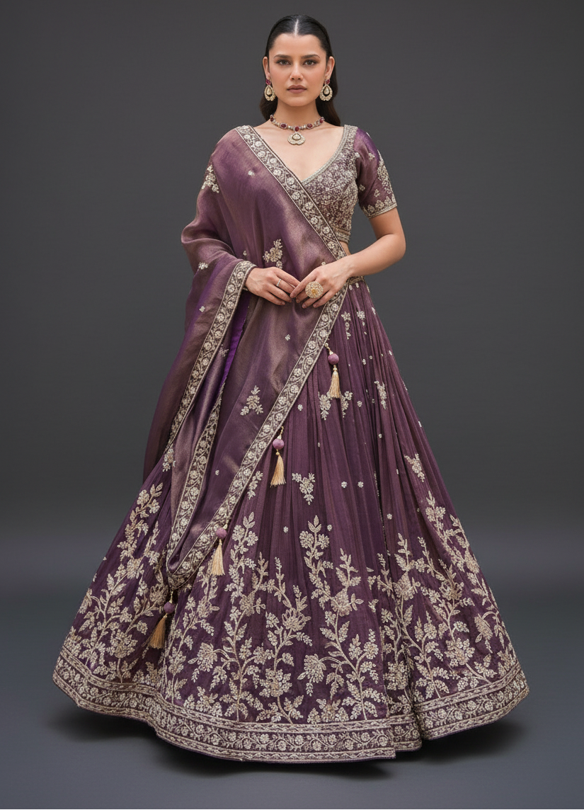 Wine Silk Tissue Silk Lehenga Set with Zardosi and Cutdana Work