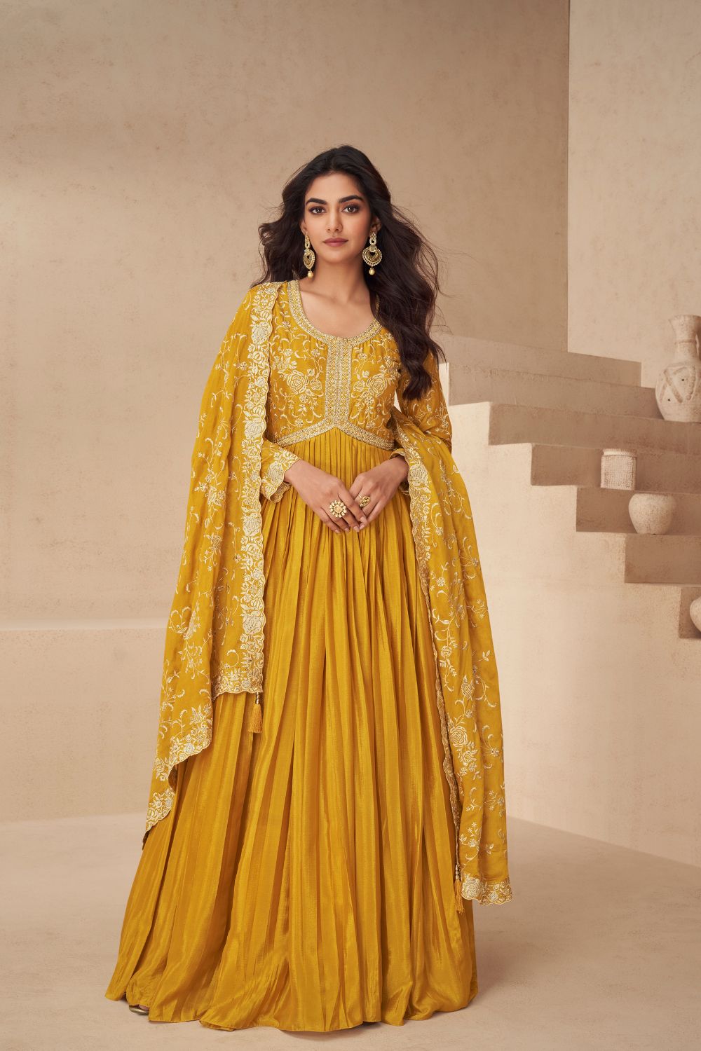 YELLOW CHINON ANARKALI SUIT WITH EMBROIDERY AND SEQUINS