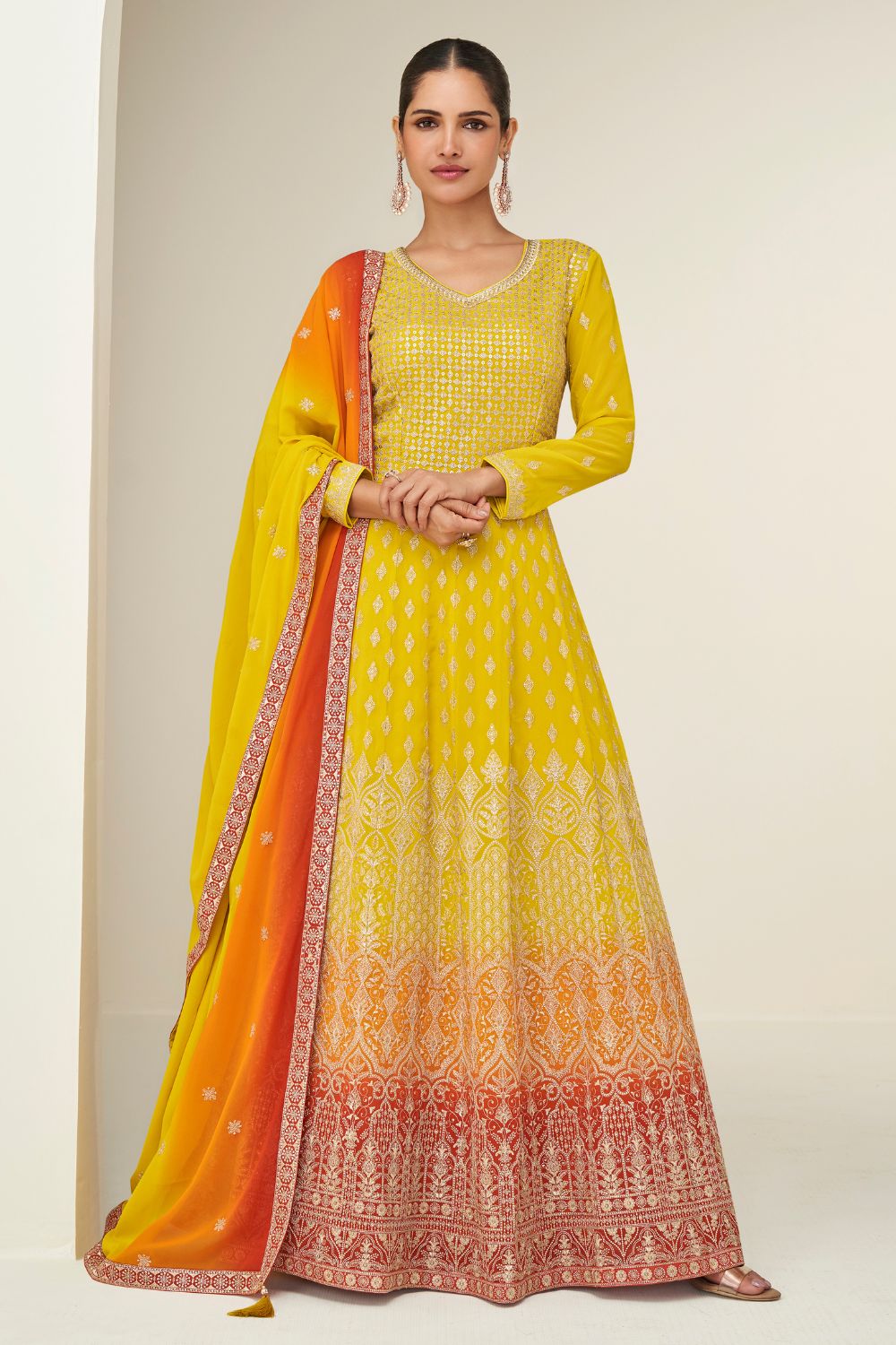 YELLOW GEORGETTE ANARKALI SUIT WITH EMBROIDERY AND SEQUINS WORK
