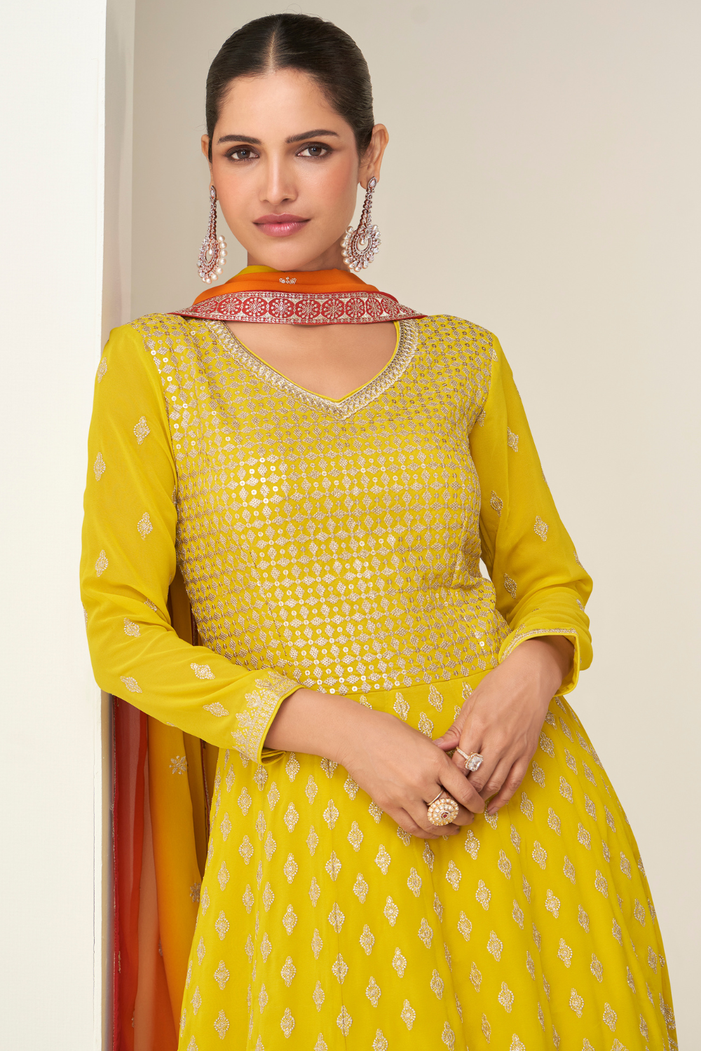 YELLOW GEORGETTE ANARKALI SUIT WITH EMBROIDERY AND SEQUINS WORK