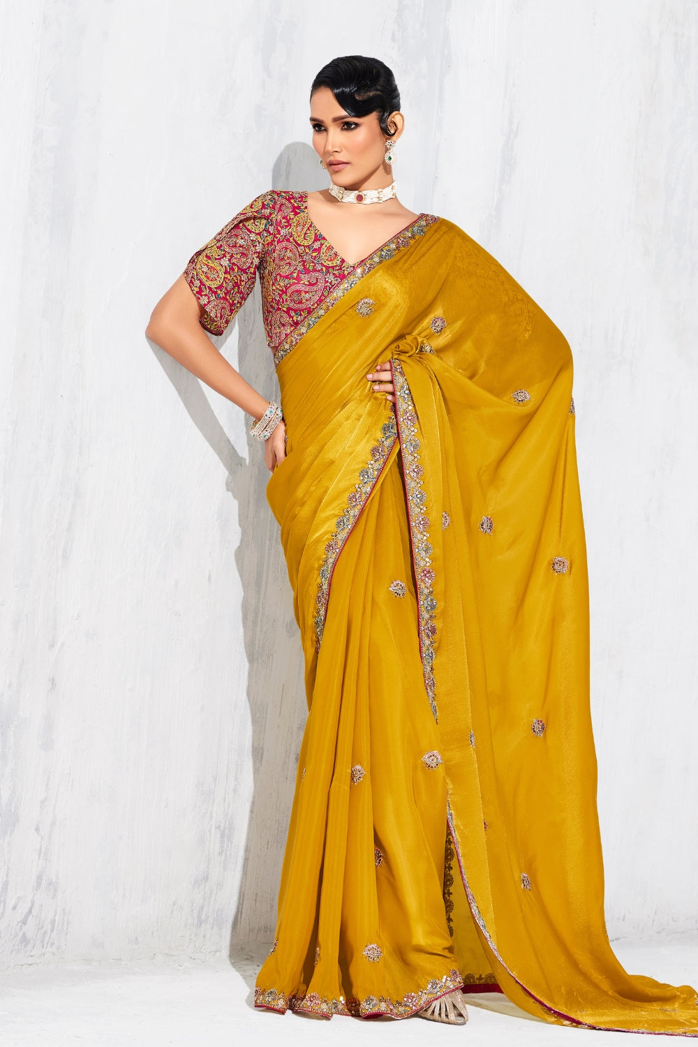 YELLOW SAREE WITH SEQUINS AND EMBROIDERY