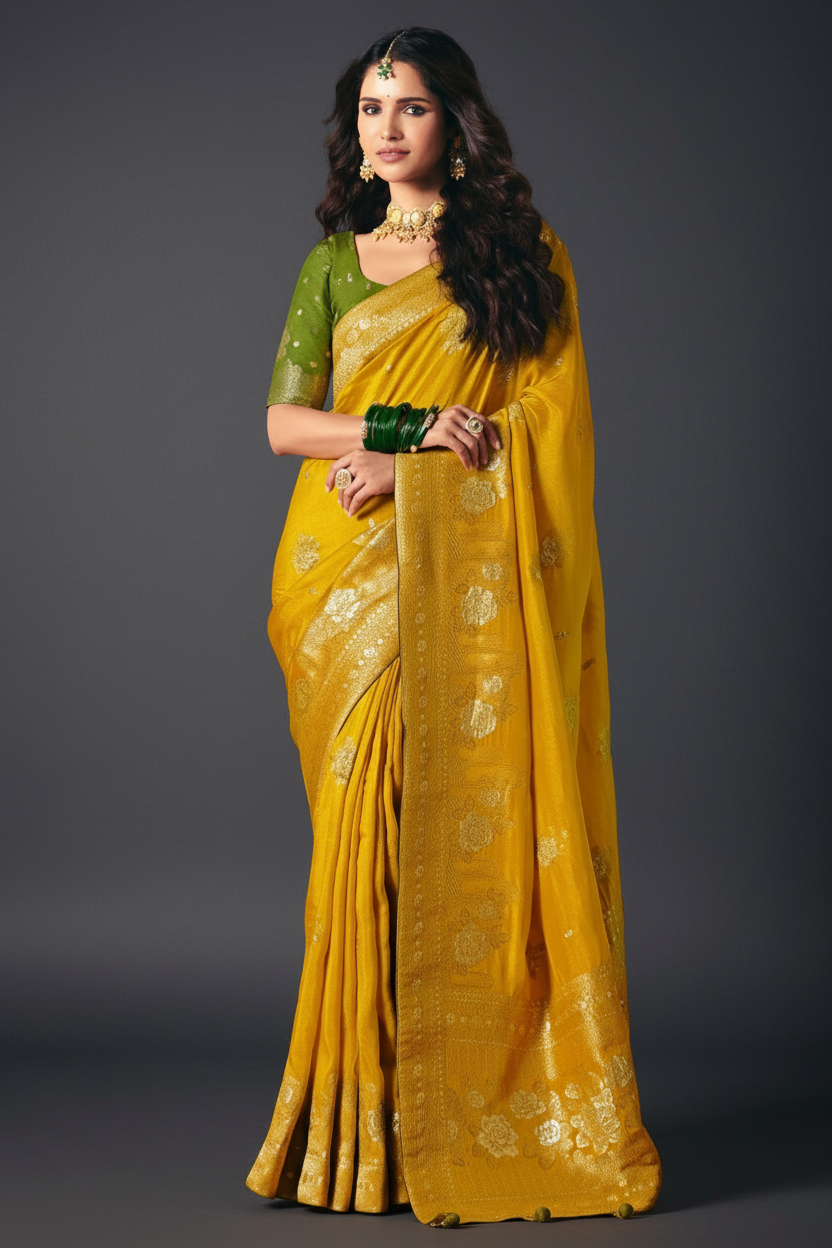 YELLOW SILK SAREE WITH WEAVING
