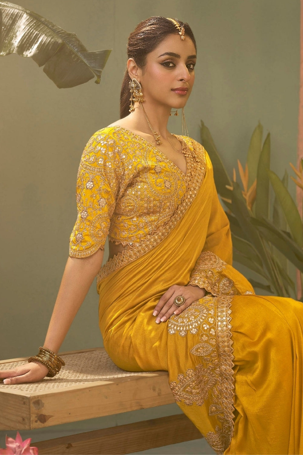 Yellow Silk Saree with Embroidery and Sequins Work