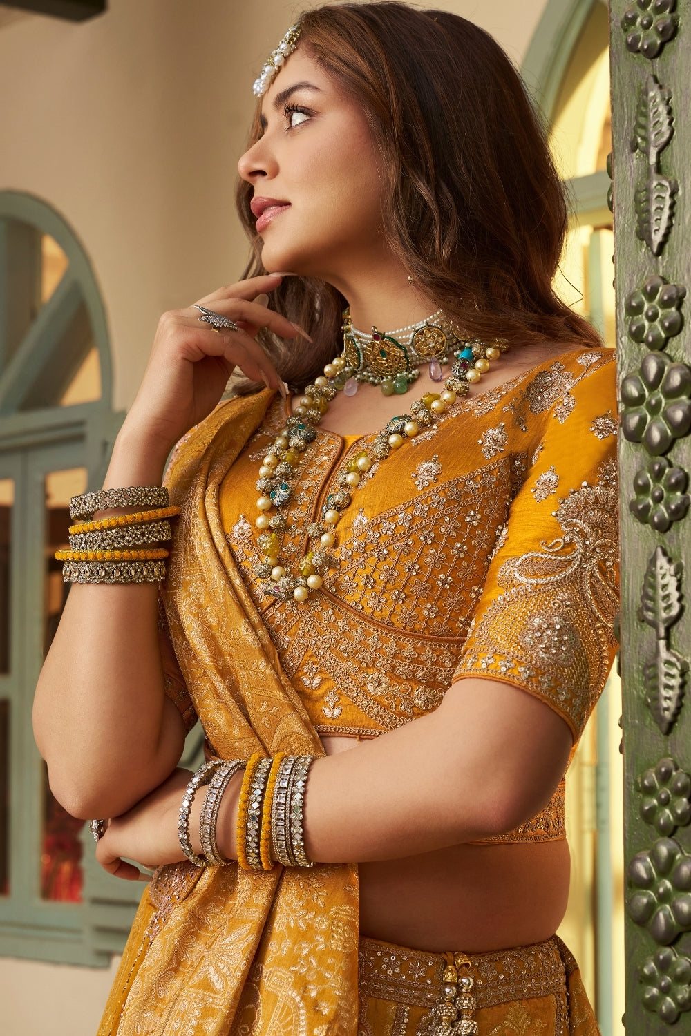 Yellow Banarasi Silk Lehenga Set with Embroidery and Stone Work