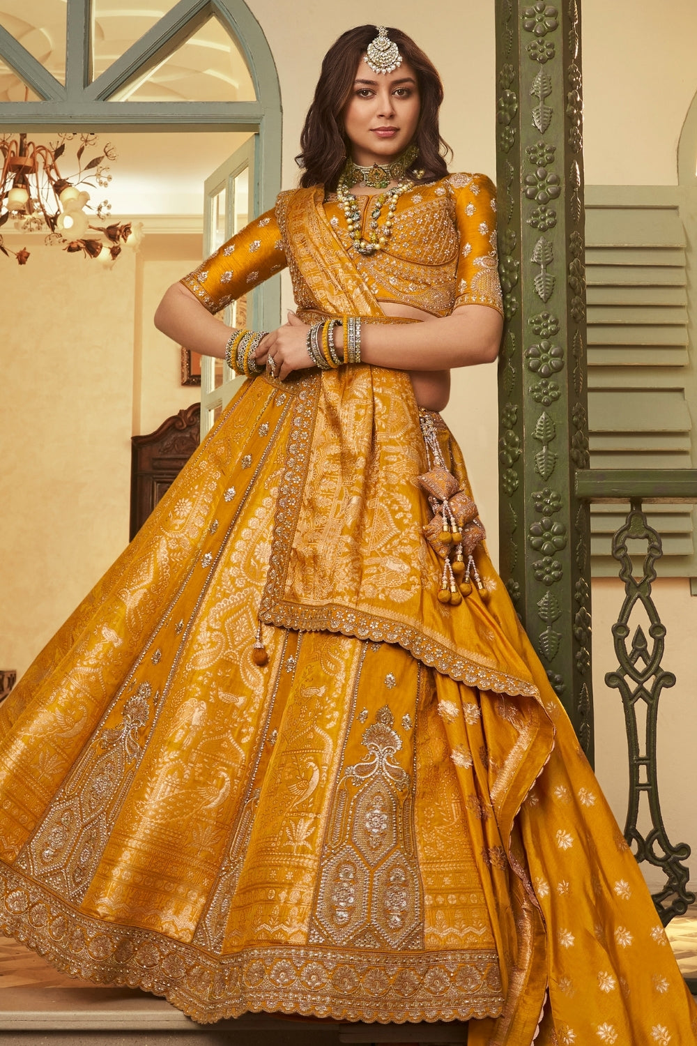 Yellow Banarasi Silk Lehenga Set with Embroidery and Stone Work
