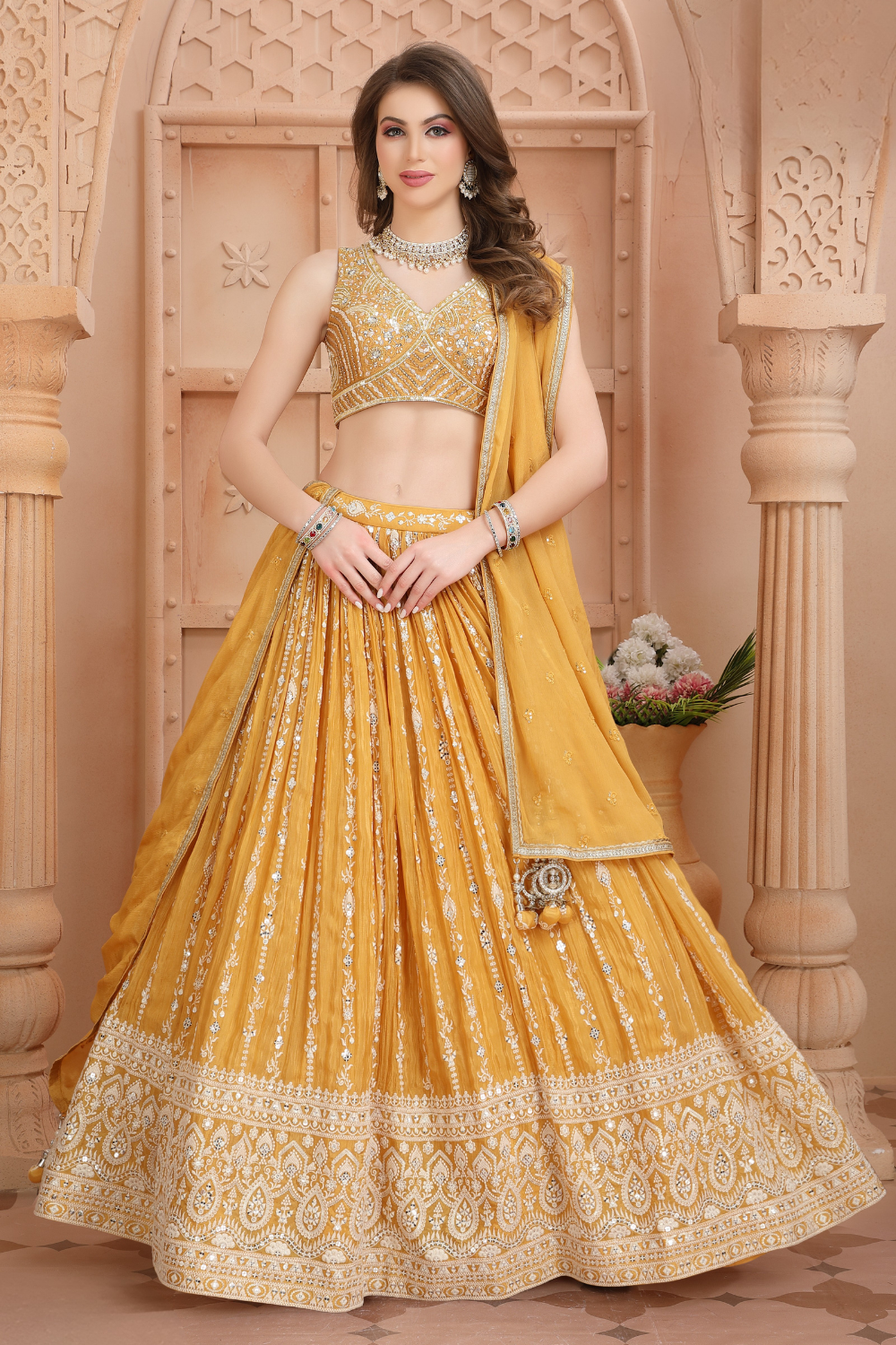 Yellow Chinon Silk Lehenga Choli with Sequins and Mirror Embroidery