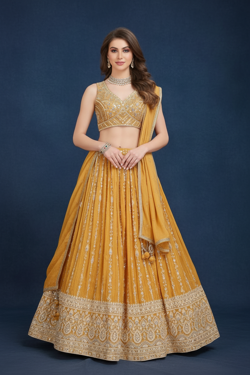 Yellow Chinon Silk Lehenga Choli with Sequins and Mirror Embroidery