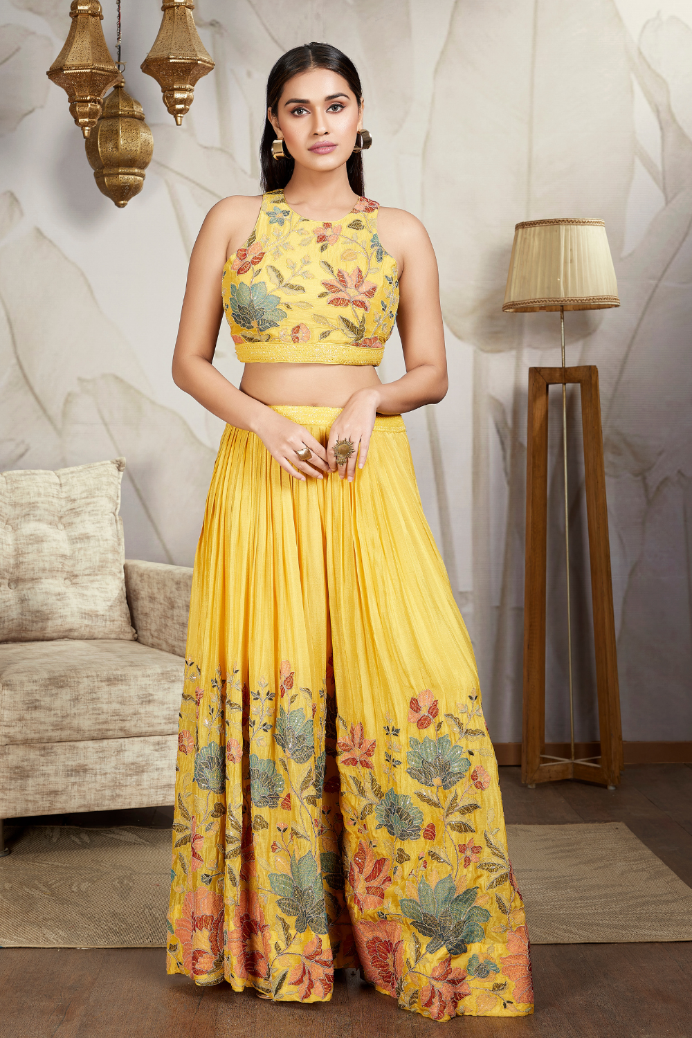 Yellow crepe Crop top and palazzo with sequin embroidery