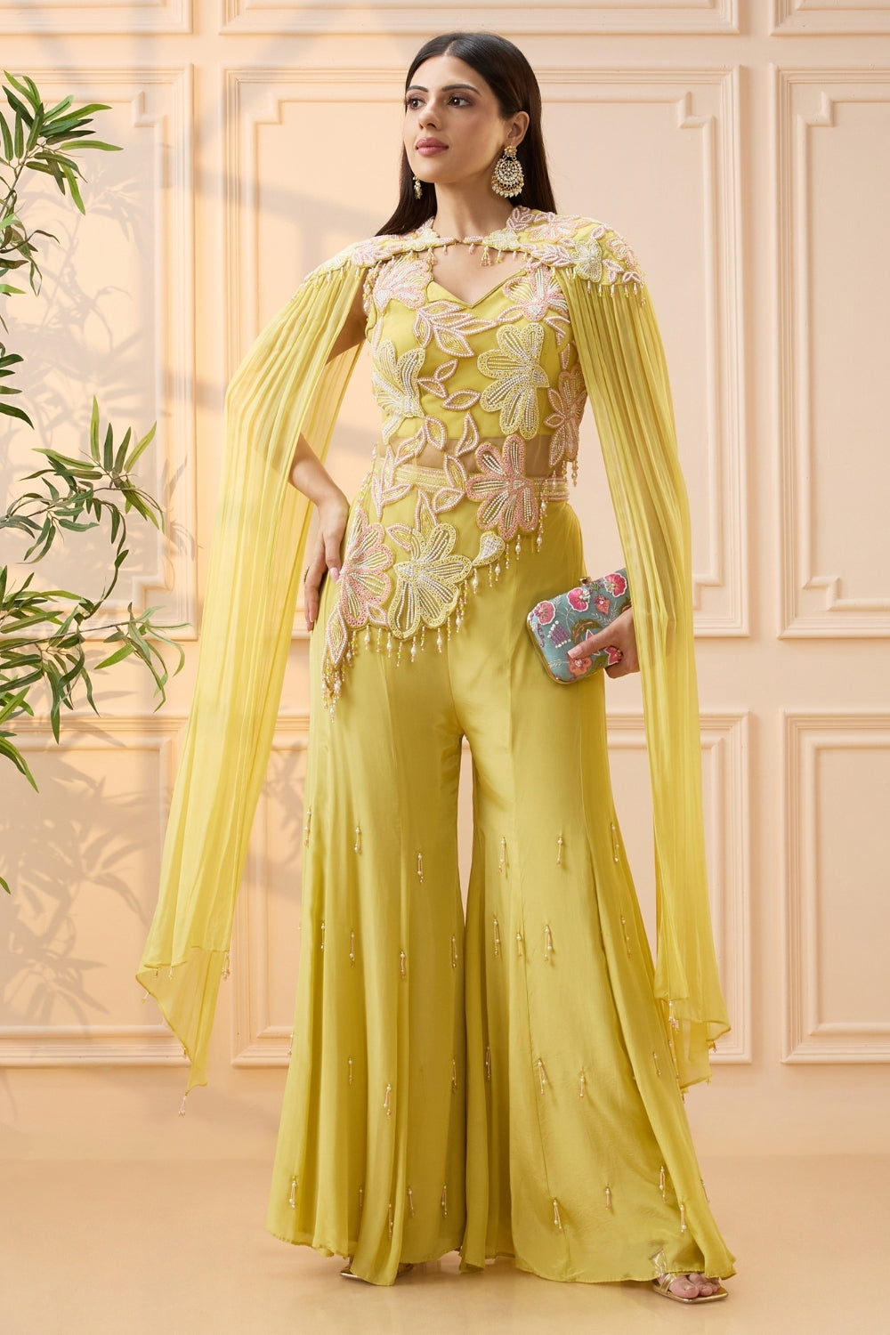Yellow Crepe Silk Indo Western with Moti Work