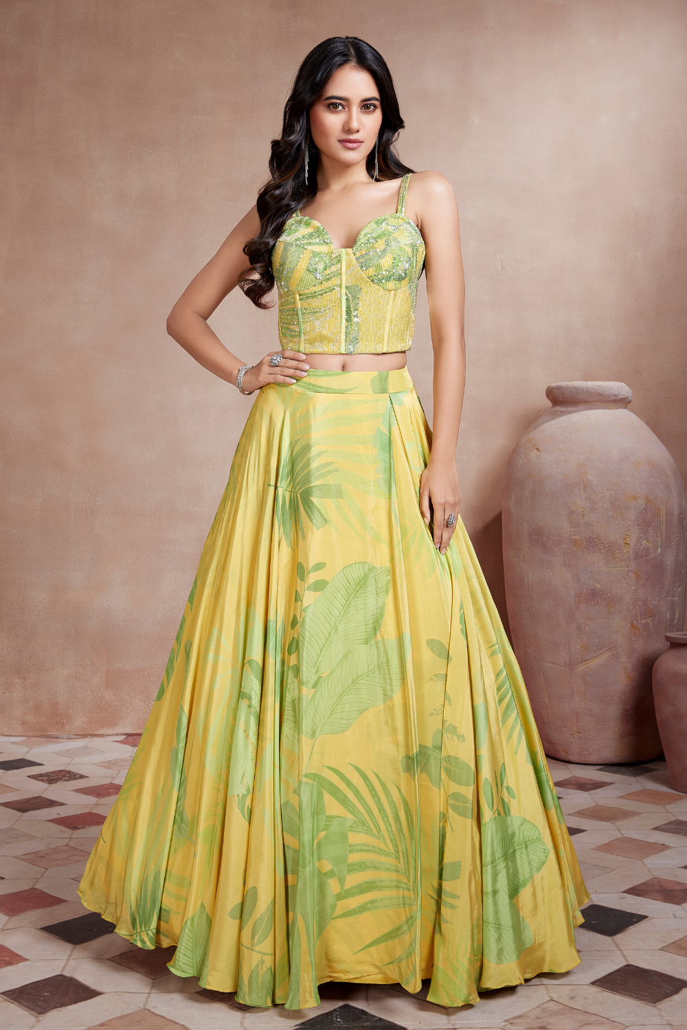 Yellow Crepe Silk Lehenga With Floral Printed