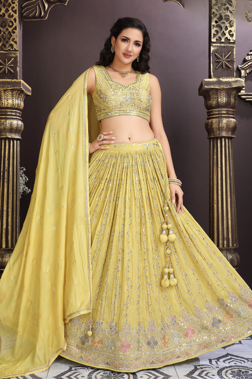 Yellow Georgette Lehenga Choli with Sequins and Resham Embroidery
