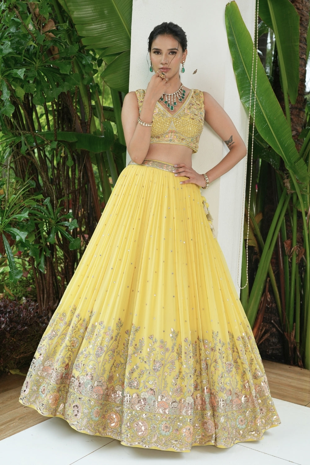 Yellow Georgette Lehenga Set with Zardosi and Moti Work