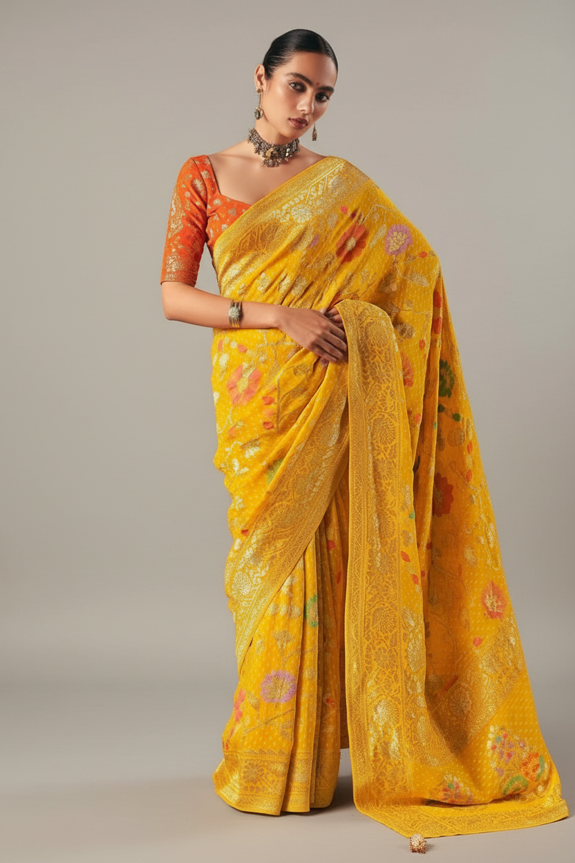 Yellow Georgette Weaving Saree