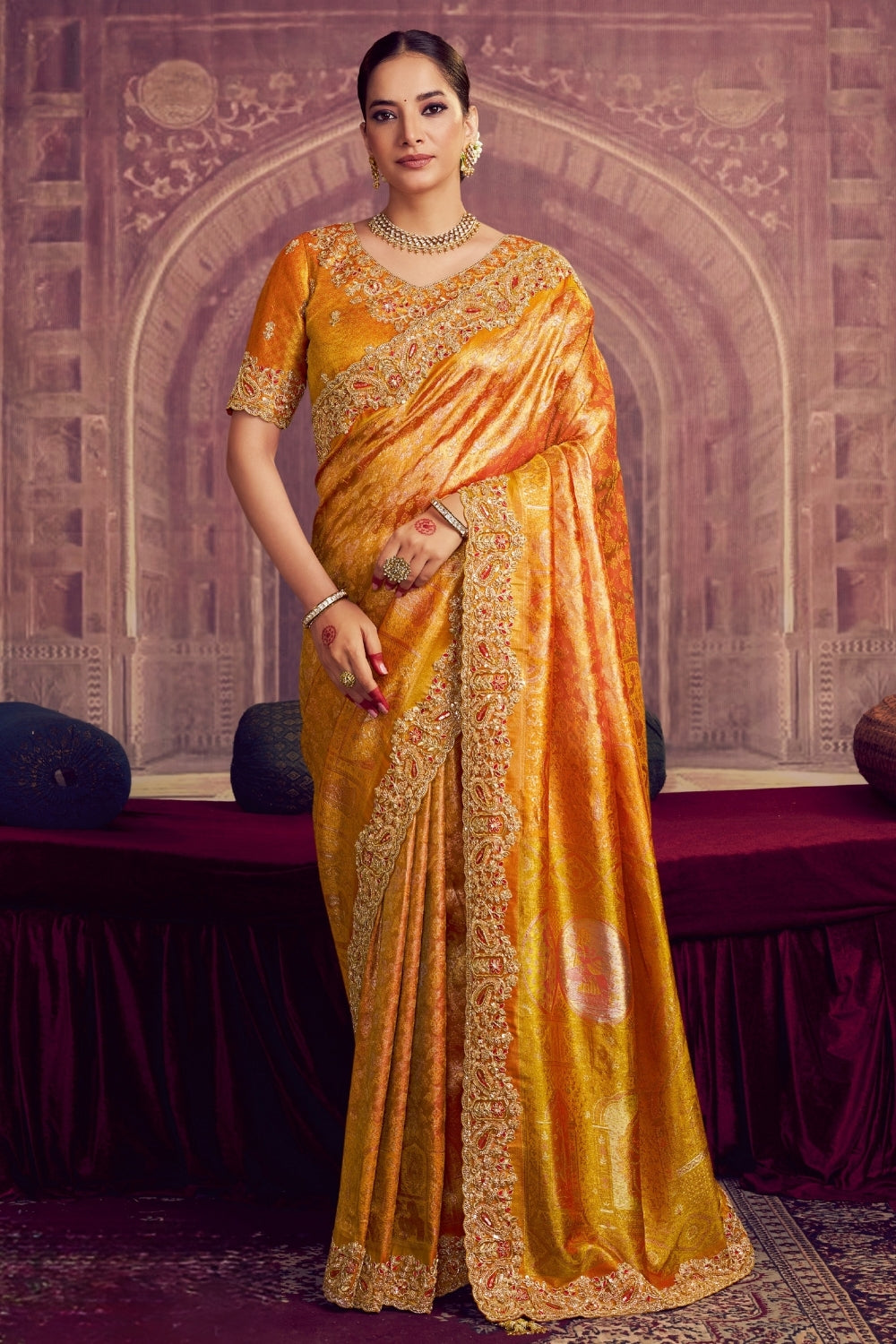 Yellow Kanjiwaram Silk Saree with Cutdana and Moti Work