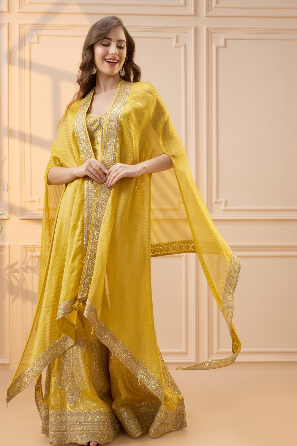 Yellow Organza Palazzo Set with Cutdana and Zardosi