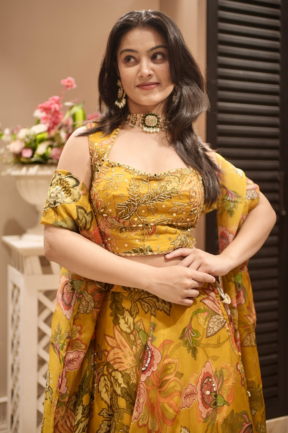 Yellow Organza Printed Lehenga Choli with Mirror and Cutdana Work