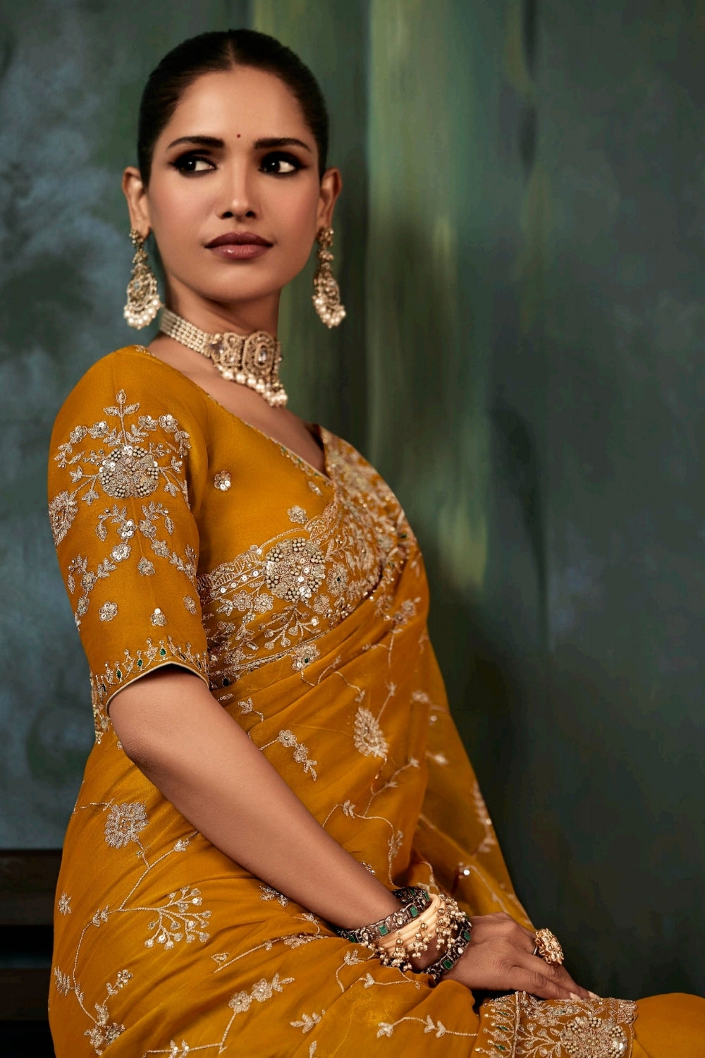 Yellow Organza Tissue Saree with Embroidery and Sequins Work