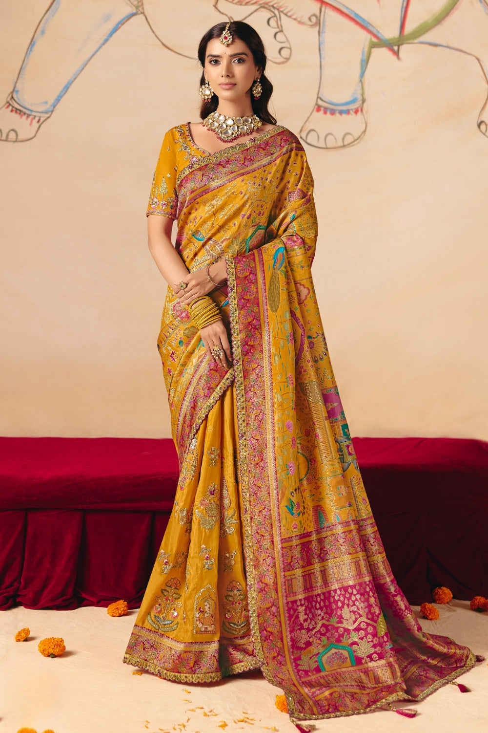 Yellow Silk Saree with Sequins and Resham Embroidered Work
