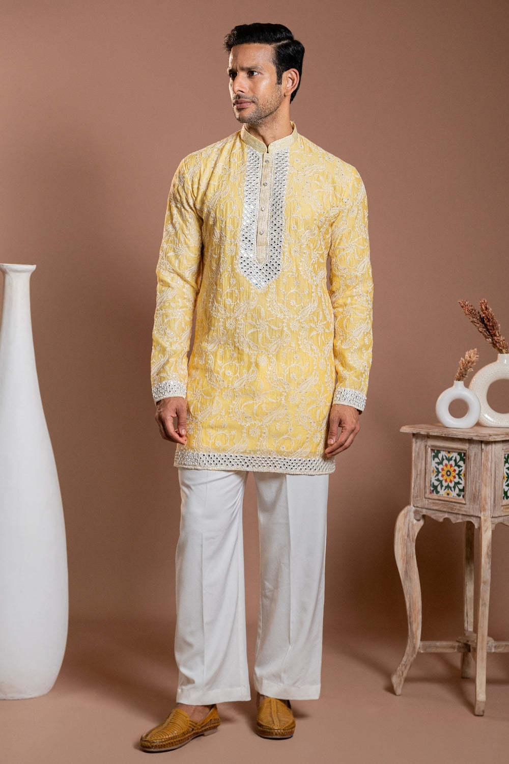 Yellow Semi Silk Kurta Set with Mirror and Sequins Work