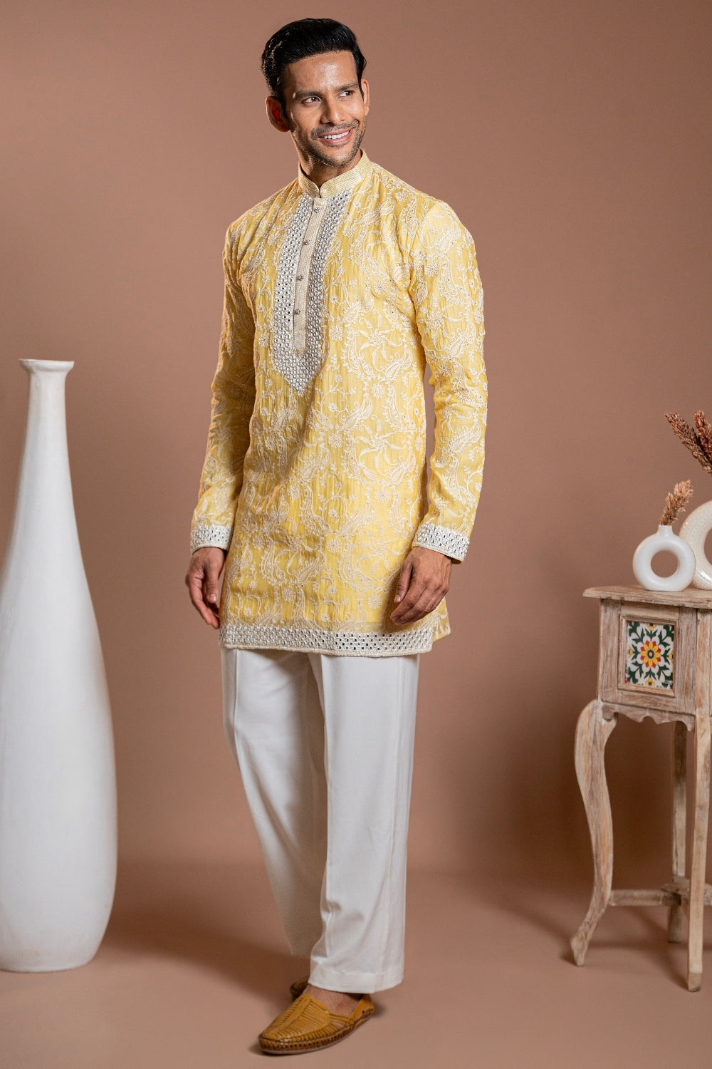Yellow Semi Silk Kurta Set with Mirror and Sequins Work