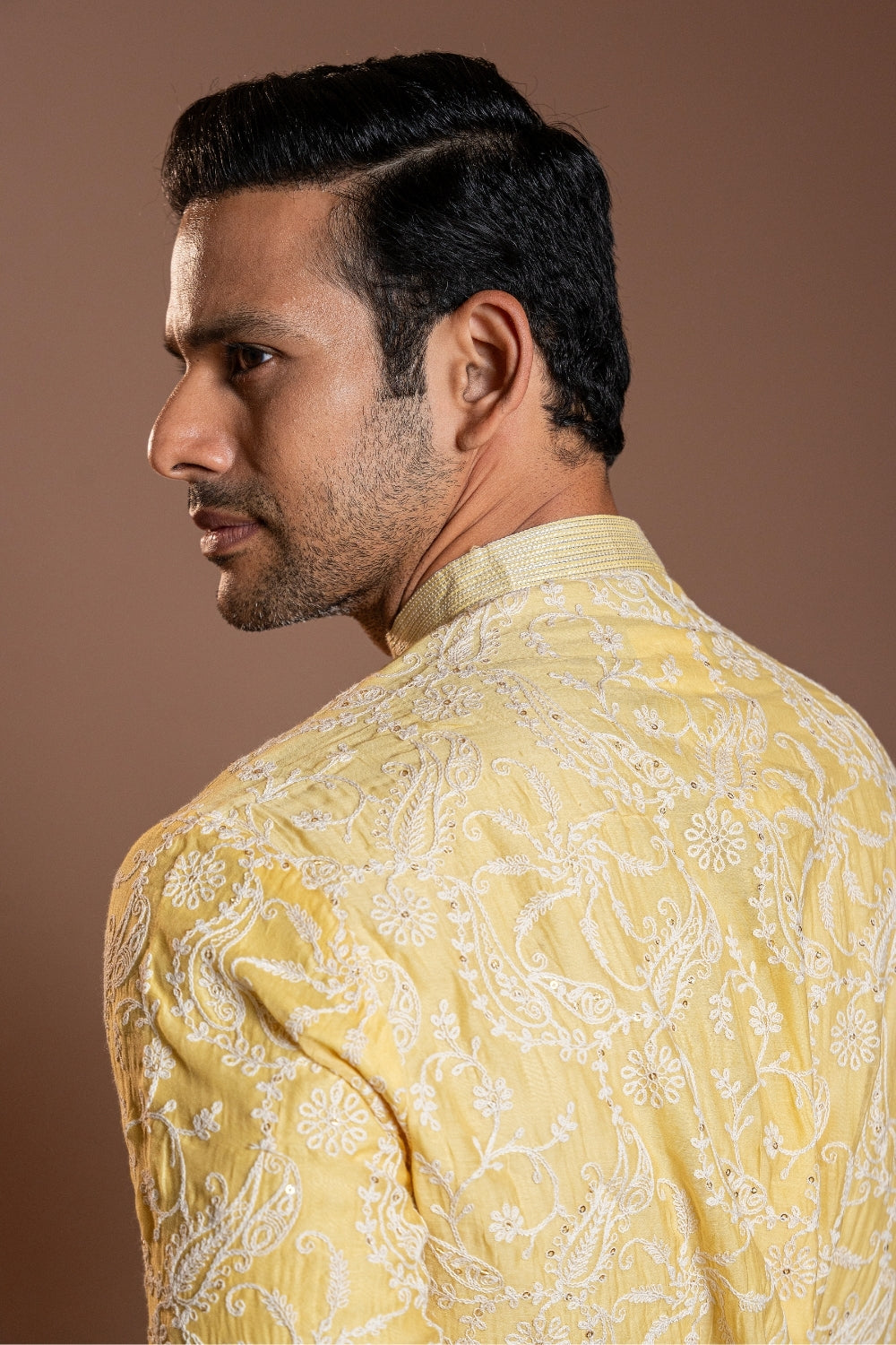 Yellow Semi Silk Kurta Set with Mirror and Sequins Work