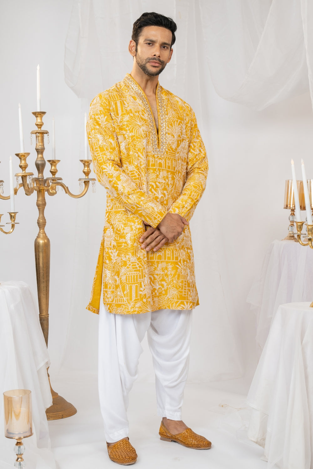 Yellow Silk Kurta Set with Sequins and Embroidery Work