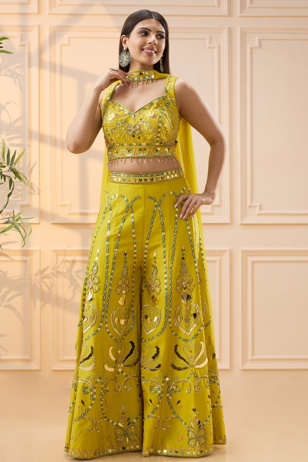 Yellow Silk Palazzo Set with Moti and Cutdana Work
