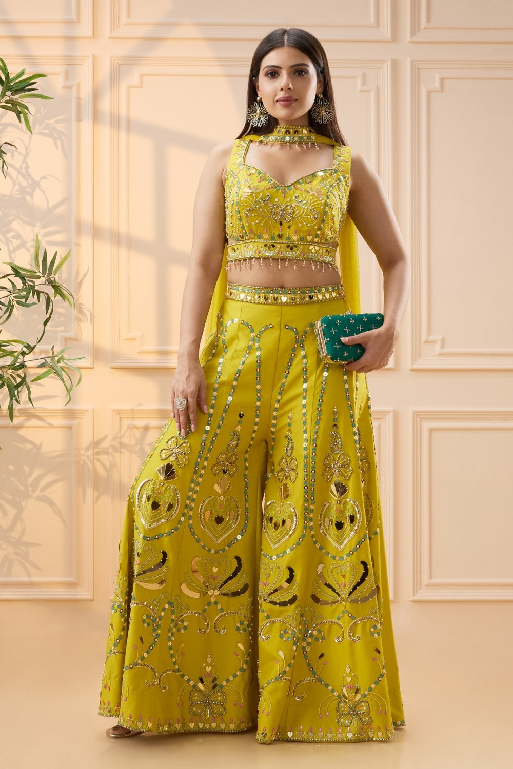 Yellow Silk Palazzo Set with Moti and Cutdana Work