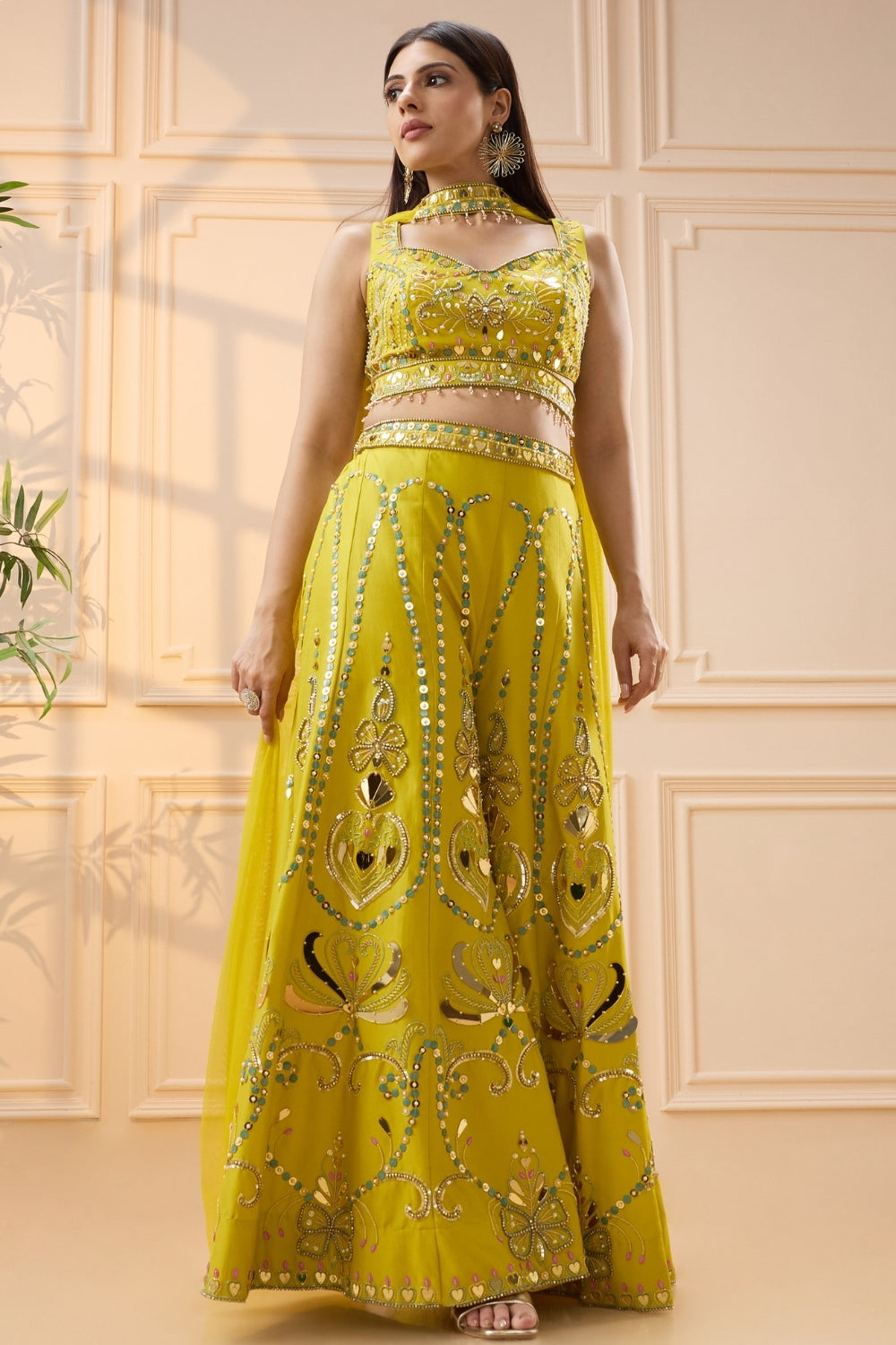 Yellow Silk Palazzo Set with Moti and Cutdana Work