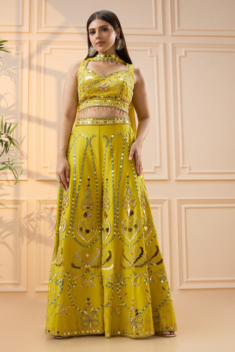 Yellow Silk Palazzo Set with Moti and Cutdana Work