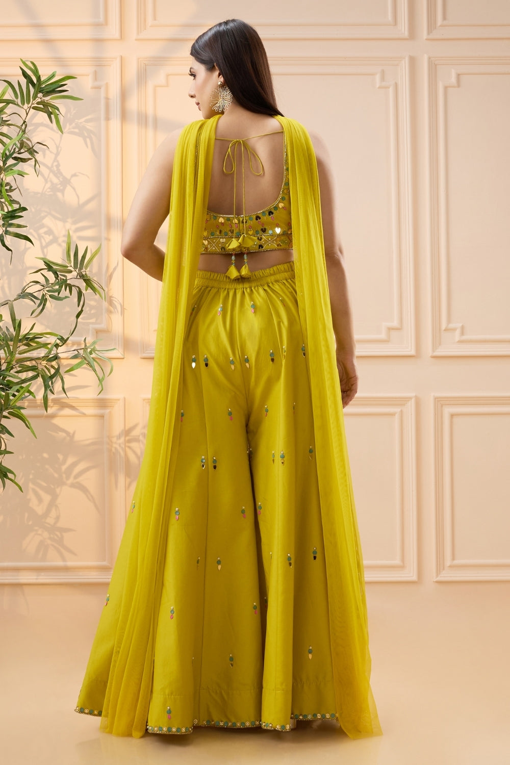Yellow Silk Palazzo Set with Moti and Cutdana Work